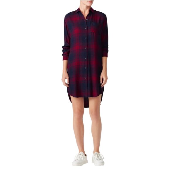 Rails Plaid Bianca Shirtdress Burgundy Blue Long Sleeve Collared Dress Sz M - Picture 1 of 12